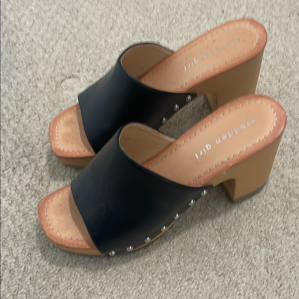 Madden Girl Black and Tan Mules with Chunky Block Heel